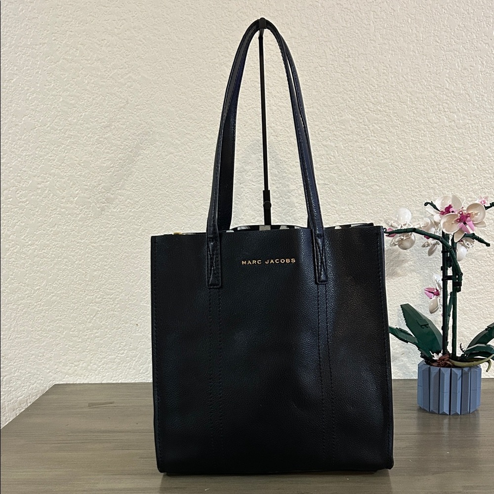 Marc Jacobs Black Leather Tote with Gold Logo